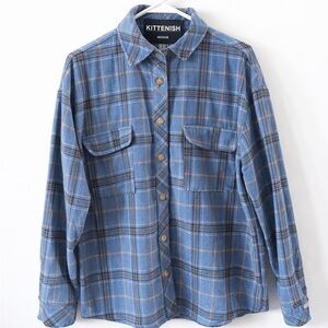 Kittenish Womens Blue Plaid Flannel Button Down Shirt Medium Long Sleeve Shacket